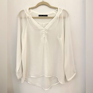 Zara - sheer white Henley shirt, size L